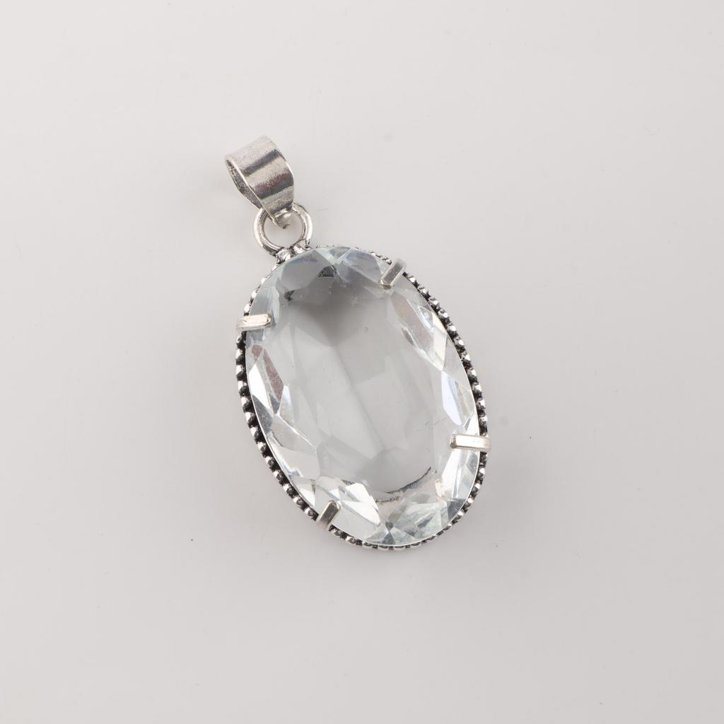 Crystal Quartz Gemstone Silver Pendant 1.75" , 925 Sterling Silver Handmade Jewelry, Women Wedding Pendant PP-63-5