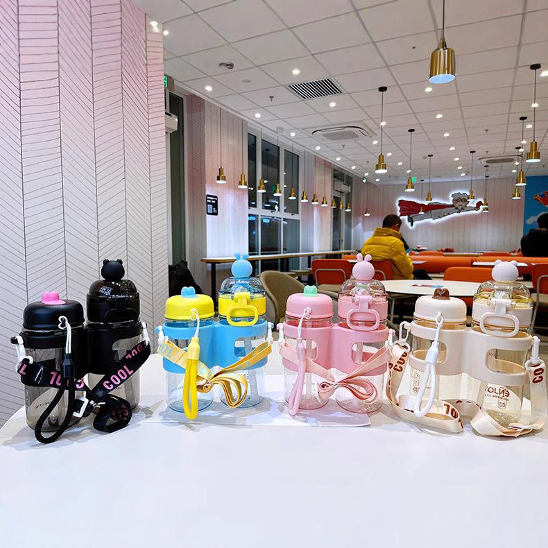 Water bottle: Dual drink, plastic cup, dual-compartment cup, cute straw cup, water cup, new cartoon portable children's water bottle