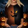 Women's Casual Halloween Printed T Shirt Fashion Round Neck Three Quarter Sleeve Top with Pumpkin Haunted House Design