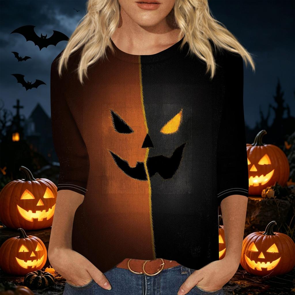 Women's Casual Halloween Printed T Shirt Fashion Round Neck Three Quarter Sleeve Top with Pumpkin Haunted House Design