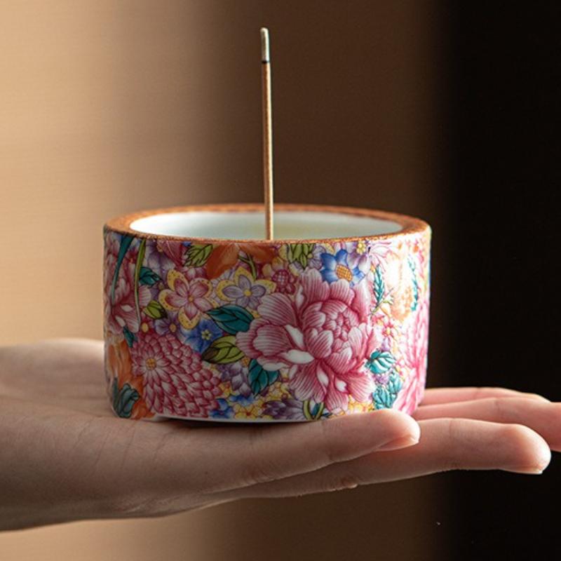 

Ceramic Incense Burner Incense Holder House Indoor Desktop Decoration Creative A Hundred Flowers Bloom Enamel Incense Censer