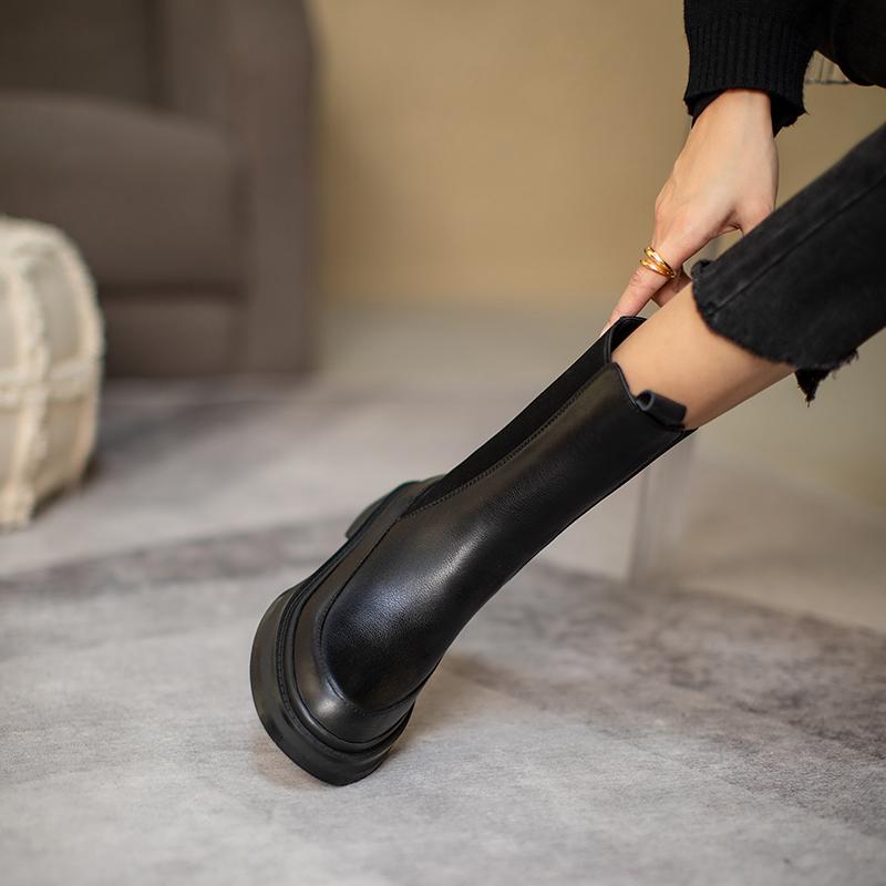 Fashion Hot Genuine Leather Women's Boots Retro British Style Slip-On Chelsea Boots Fashion Ankle Boots Round Toe Flat with Women Shoes