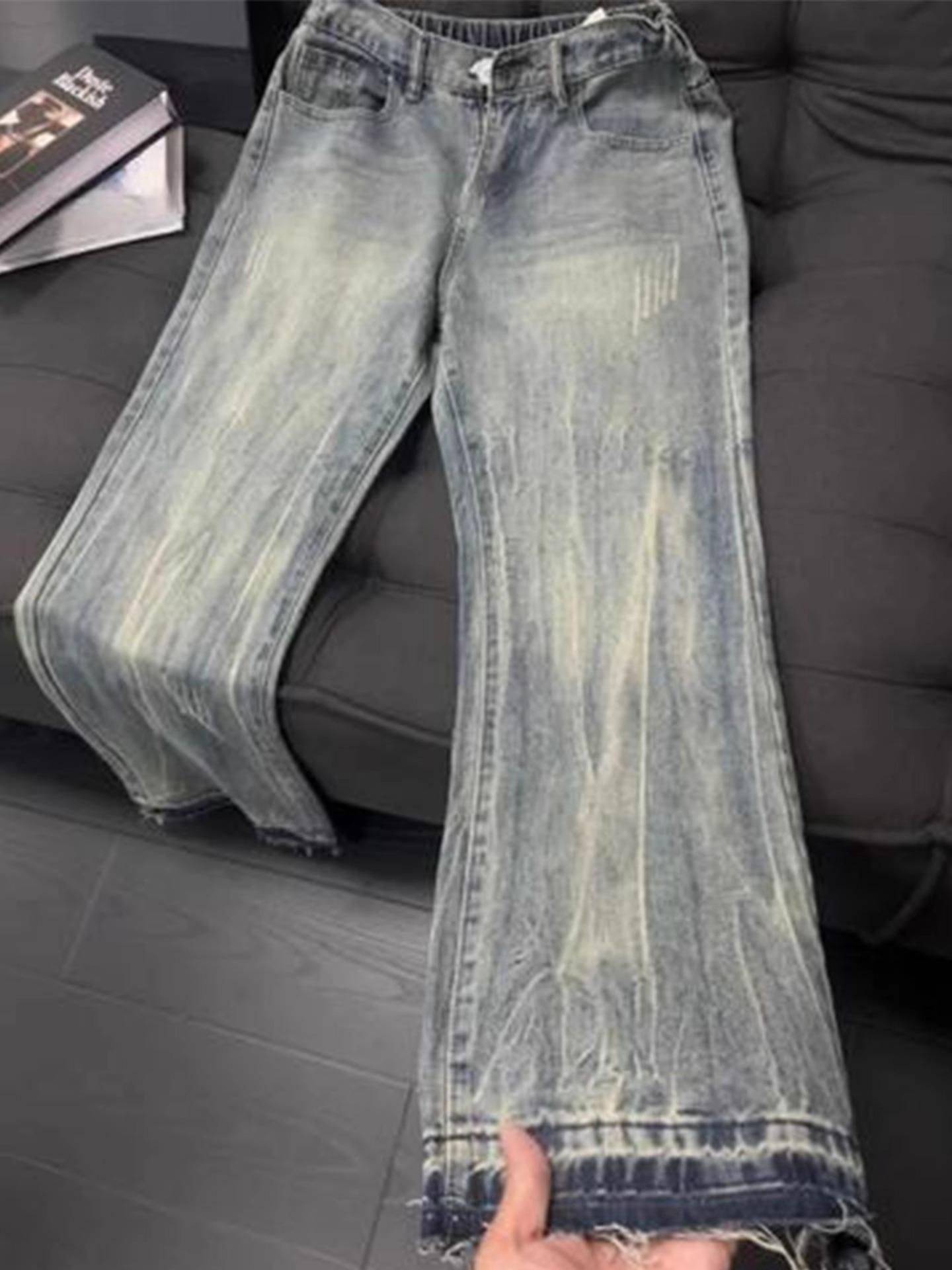 

Джинсы клеш JYL мужские Американский винтаж Царапины от кота Летние Чистый крой Узкие Джинсовые брюки 2XL бездна