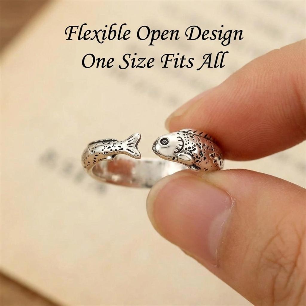 Vintage Ancient Lucky Koi Fish Charm Open Ring for Women Men Boho Animal Adjustable Rings Good Fortune Y2K Aesthetic Jewelry