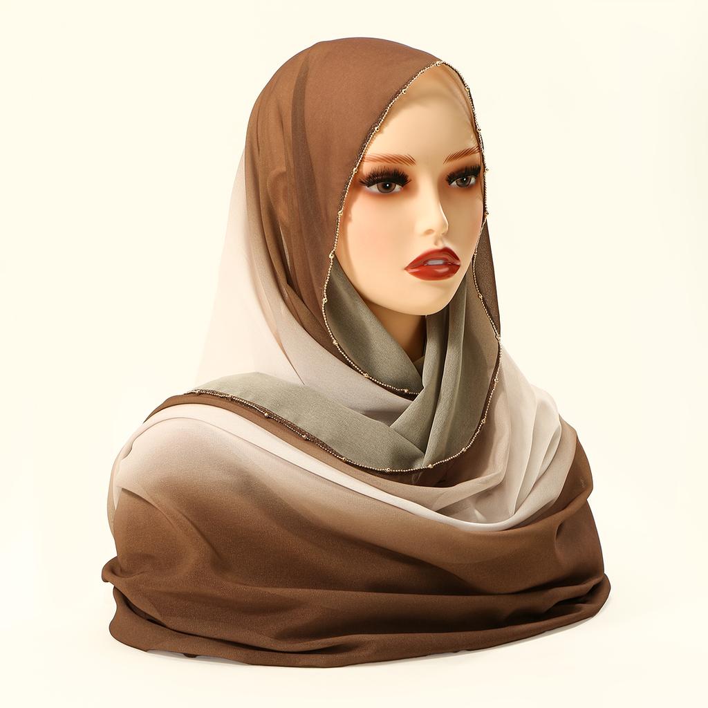 New Metal Bead Chain Gradient Chiffon Hijab Scarf For Woman Muslim Hijabs Fashion Shawl Wraps Islamic Turban Female Headscarf