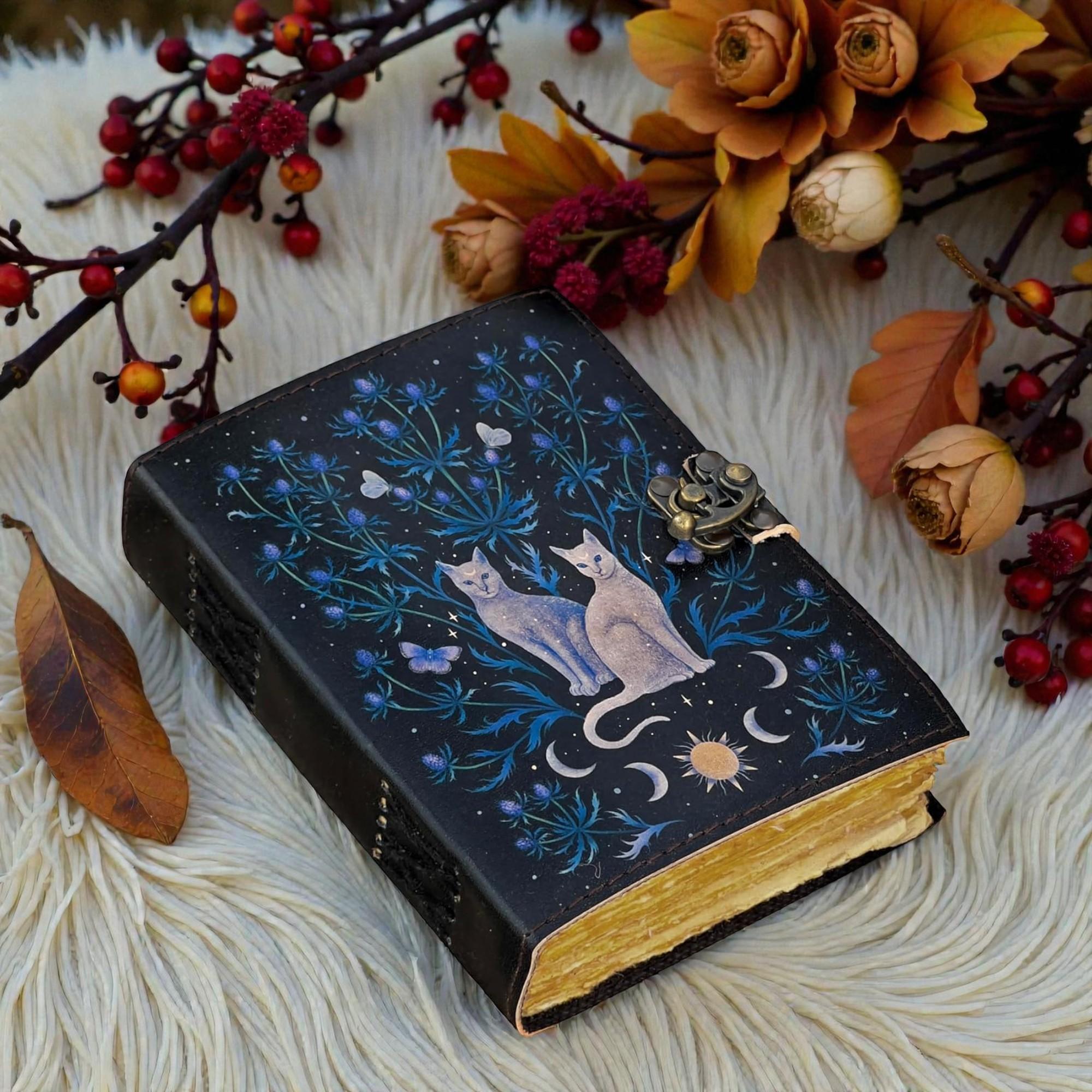 

Handmade Leather Journal 5x7 – Moon & Cats Notebook – 200 Deckle Edge Pages – Vintage Lock Diary – Celestial Writing Journal