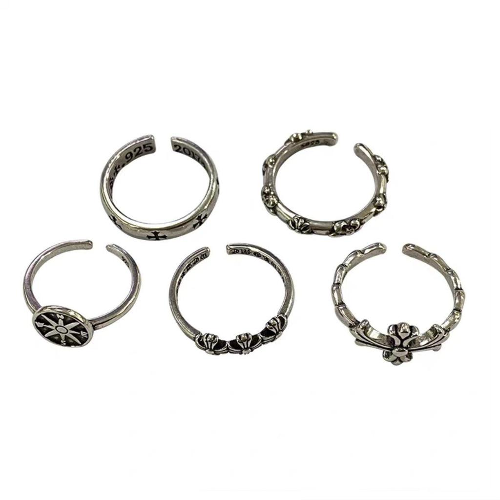 Mroczny Retro Postarzany Pierścionek z Pentagramem w Antycznym Srebrze z Regulacją dla Kobiet