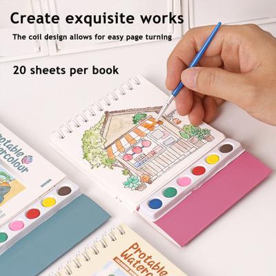 Yousheng Creative Painting Book Set Watercolor Sheets with 6 Color Grids Ergonomic Brush Mini Watercolor Workbook Travel Kit for Adults Gift