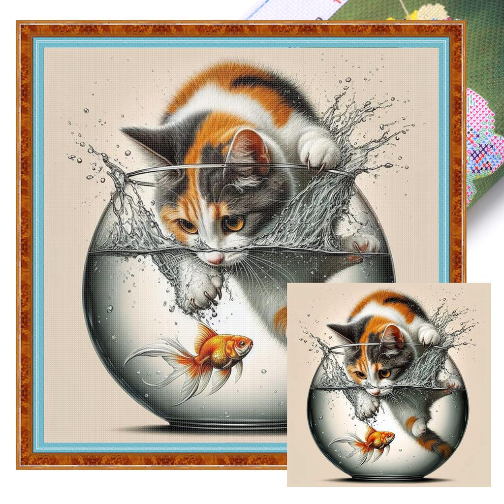 Cat Full 11CT DIY Stamped Cross Stitch Kits 15.75x15.75in Printed Cross-Stitch Kits for Beginners Adults Home Decor