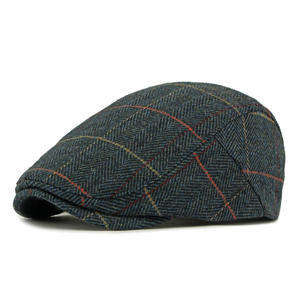 Autumn Winter Men's Hat Middle-Aged Wool Forward Cap British Vintage Beret Plaid Peaked Cap