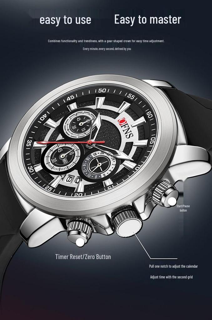 Men's Multifunction Quartz Sports Watch with Calendar & Three-Eye Design