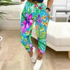 Summer Ladies Painted Flowers Printed Sweatpants Loose Fit Drawstring Joggers Elastic Cuff Daily Casual Pants