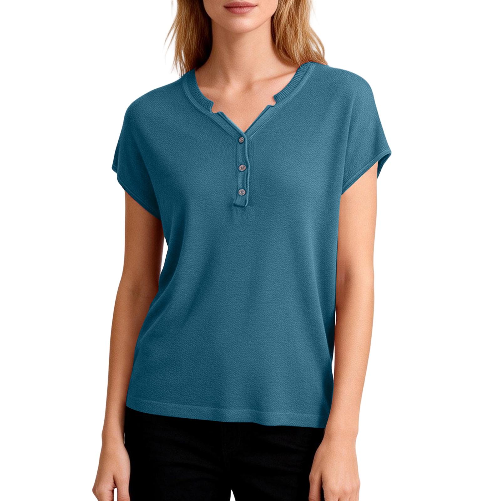 

Women s V-neck Loose Button Placket Short Sleeve T-shirt M синій