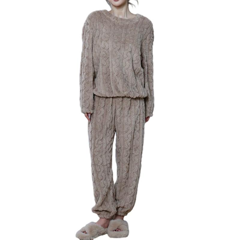 Damen Herbst- und Winter Korallenfleece Freizeit-Pyjama-Set Warmes Langarm-Oberteil und Hose Hauskleidung Zweiteilig
