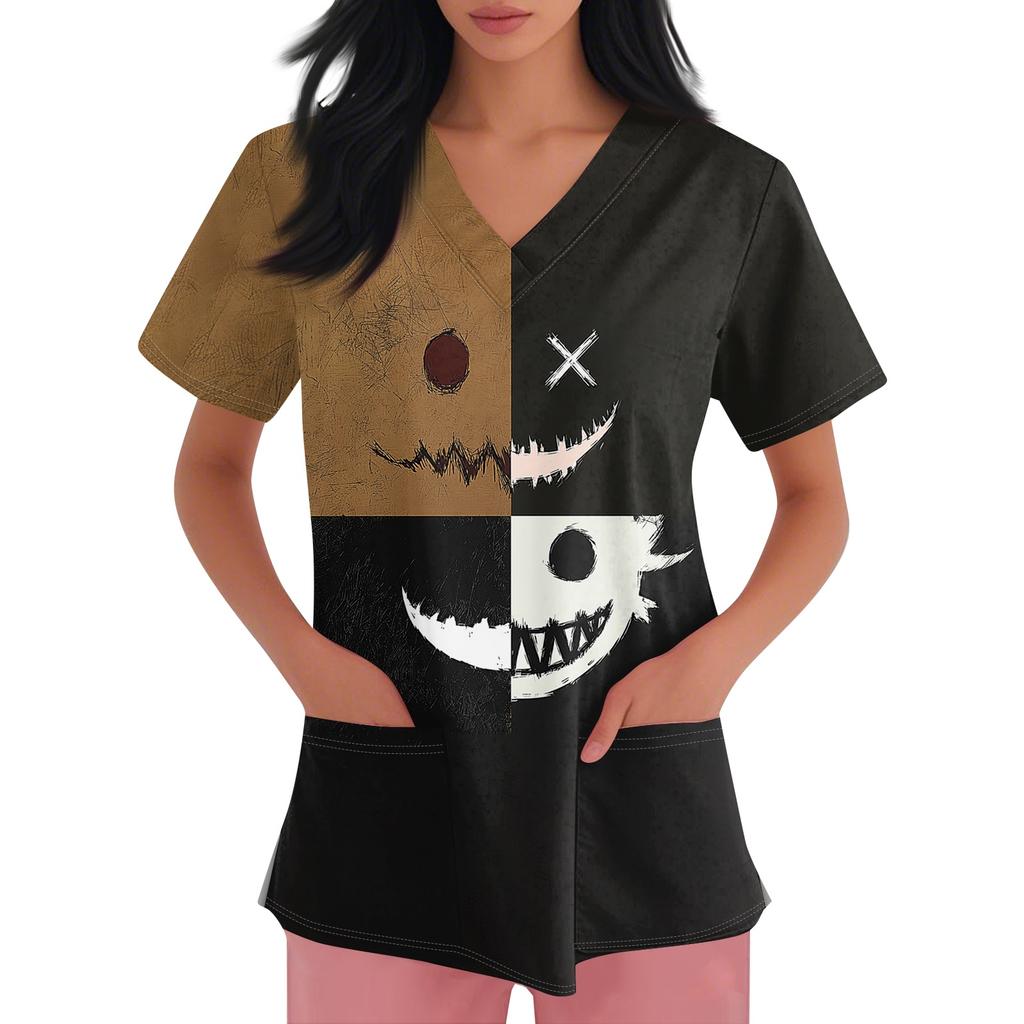 Women's Short-sleeved Halloween Print V-neck Pocket Protective Work Shirt