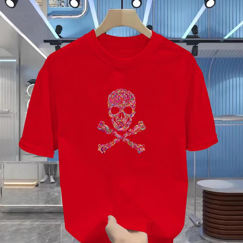 Men's New Summer Cartoon Skull Print Short Sleeve, Cotton Basic Crew Neck T-shirt, Fashion Casual Short Sleeve Top