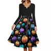 Women Casual Vintage Dress V Neck Long Sleeve Floral Print Retro Swing Dress with Waist Tie for Halloween