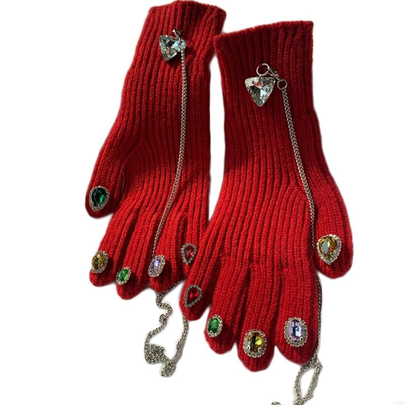 49MD Winter Knit Gloves Warm Women for Rhinestone Decor Gloves Thick Outdoor Glo