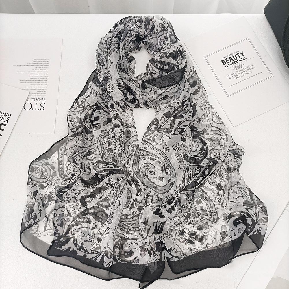Summer Women White Black Series Thin Soft Chiffon Beach Silky Georgette Scarf Shawls 160Cm Long Wraps Beach Sunscreen Hijab
