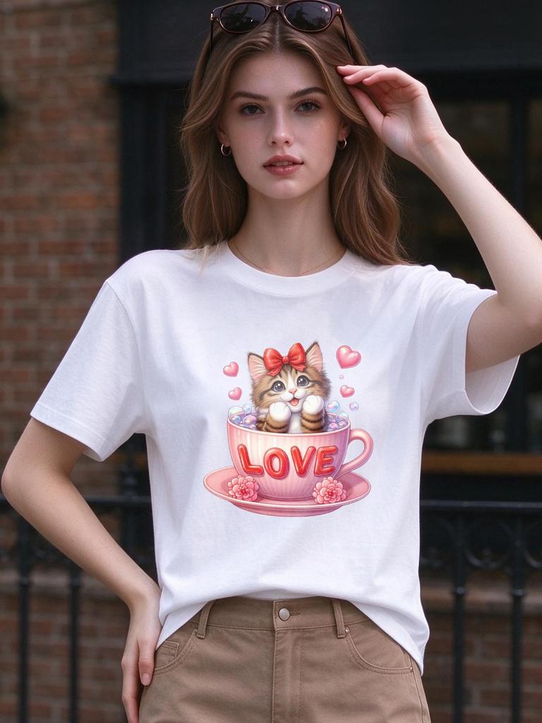 Unisex T Shirt Cute Cat in Love Cup Tee Comfy Casual Summer Tops