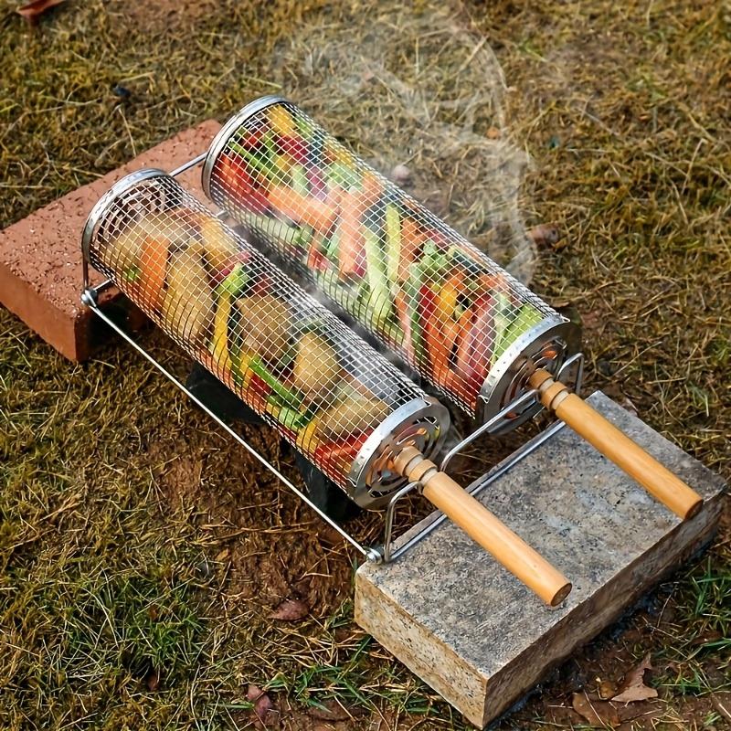 2Pcs Stainless Steel BBQ Grill Set, Camping Supplies & Equipment, Heavy Duty Camping Cooking Tool with Wood Handle & Hook
