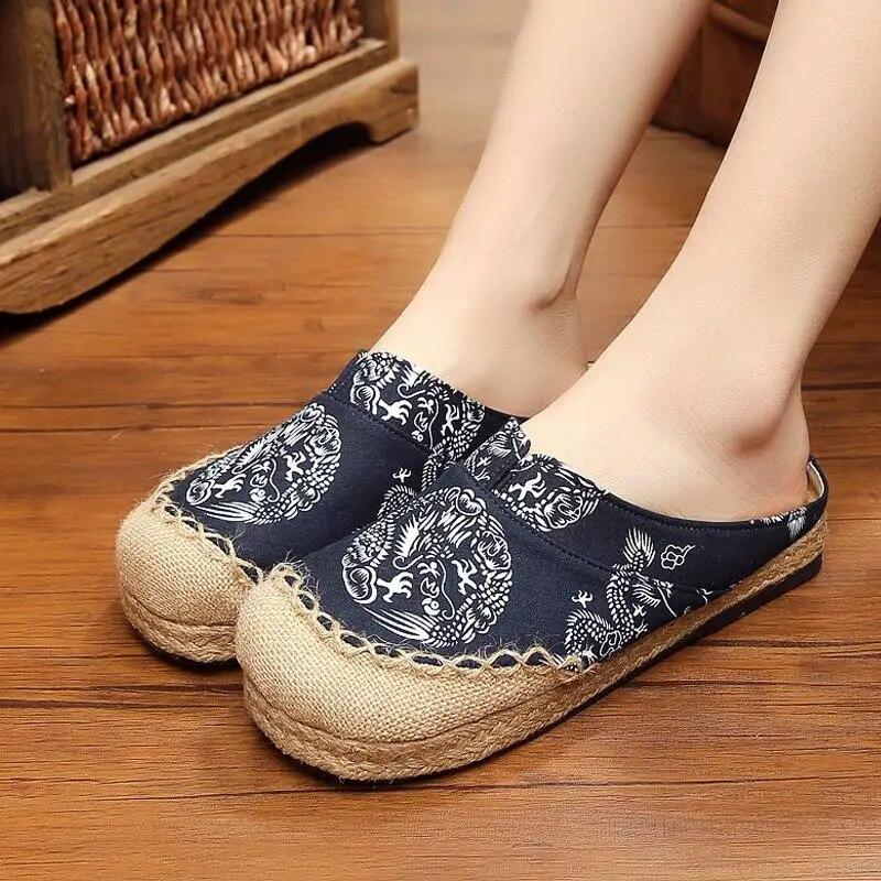 

Johnature Shoes, женские тапочки с принтом, конопляные шлепанцы на плоской подошве для отдыха, удобные швейные тапочки ручной работы в лаконичном стиле 35 темно-синий