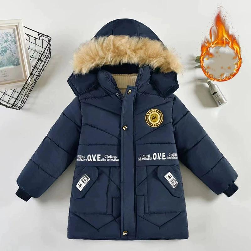Autumn Winter Boys Jacket Long Style Letter Print Thick Warm Hooded Coat Fur Collar Down Cotton Outerwear for 4-10 Years Kids