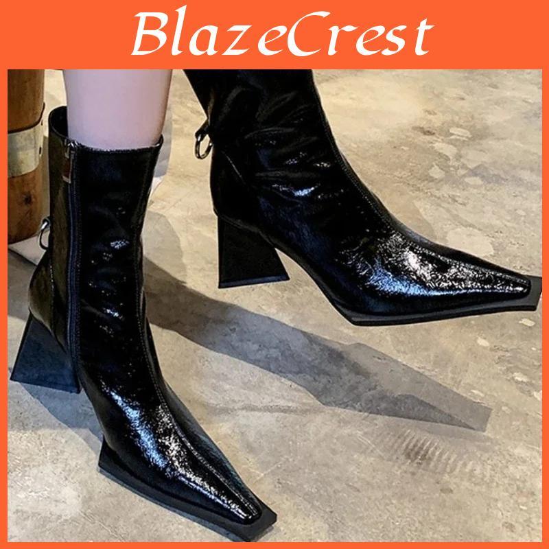 Autumn Square Small New 2024 Head Thick High Heel Short Boots Riding Boots High Heels Fashion Boots Shaped Triangle Heel 3540