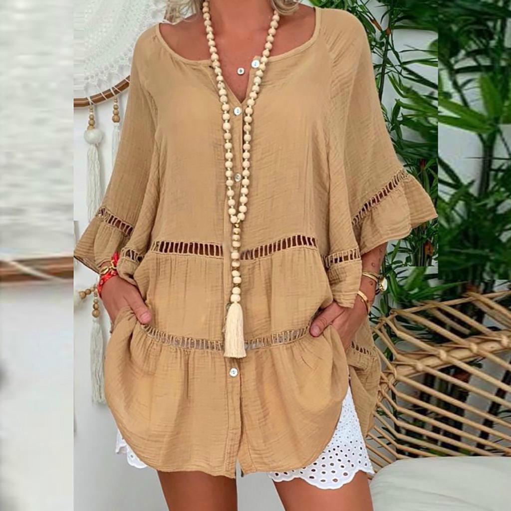 MAITA 2022 Women's Seven-quarter Sleeve Cotton and Linen V-Neck Loose Button Hollow Large Size Shirt
