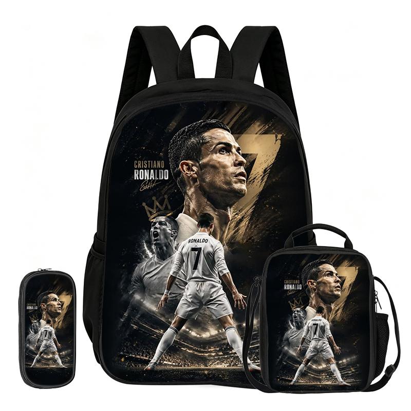 Zaino Sportivo Calcio Set 3 Pezzi Ronaldo Zaino Scolastico Imparare, Borsette da Viaggio per Matite, Borsa Pranzo, Zaino Stella del Calcio
