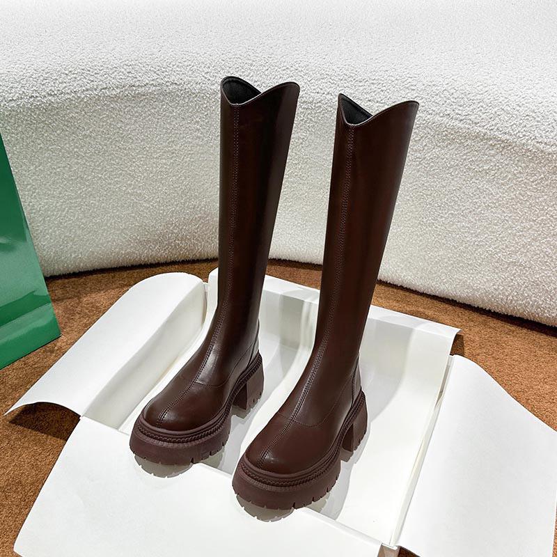 Hohe Stiefel für Damen, braune dicksohlige Ritterstiefel für Damen, Herbst und Winter, aber Reißverschlussstiefel hinter dem Knie, schlanke Temperamentsstiefel für Damen