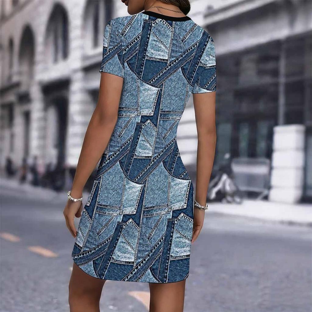 Fashion Womens Loose Abstract Pattern Print O Neck Short Sleeve Loose Streetwear A-line Dress