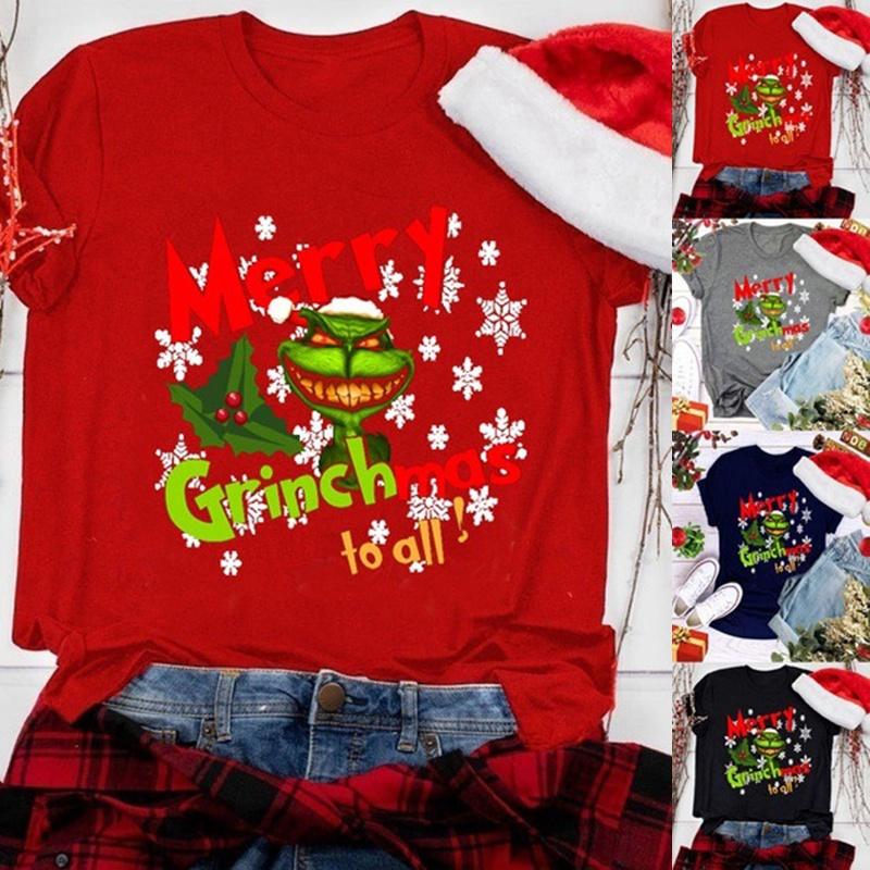Women Christmas Grinch Short Sleeve T-shirt Tops With Trendy Crew Neck Design