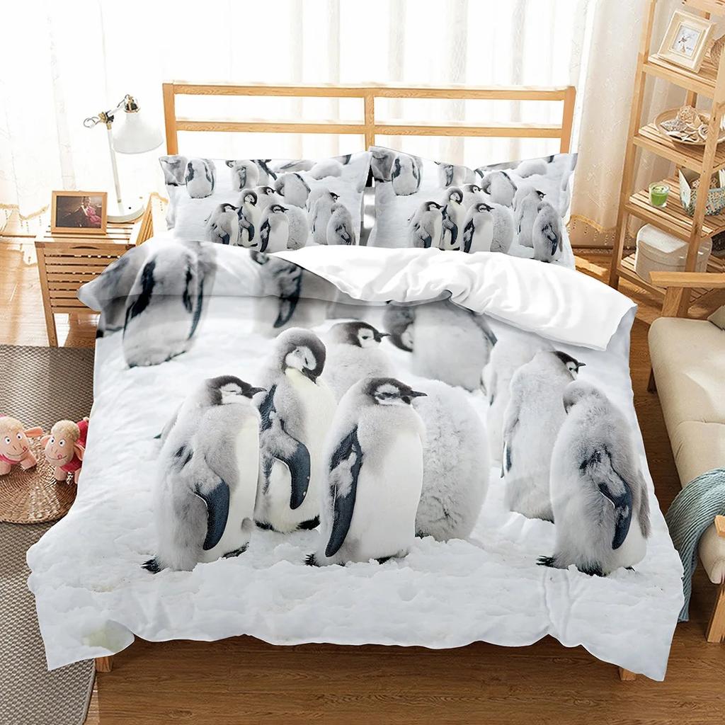 Roztomilý Vzor Tučňáků Sada Povlaku na Přikrývku Roztomilá Kawaii Zvířátka Pro Chlapce Dívky Dekorace Ložnice Polyesterový Povlak na Přikrývku Velikost King Queen