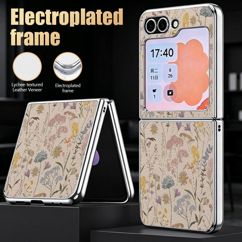 Pastoral Wildflower Case For Samsung Z Flip 8 7 6 5 Hybrid 3in1 Leather Skin Plating Frame Hard Folding Phone Cover For Galaxy Z Flip8 Flip7 Flip6