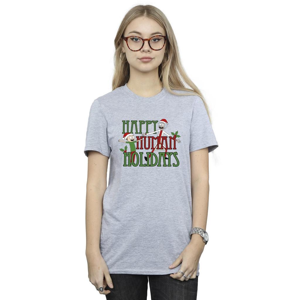 Rick And Morty Womens/Ladies Happy Human Holidays Cotton Boyfriend T-Shirt