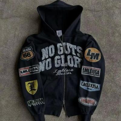 GLYDE Oversize Bluza z Kapturem Harajuku z Nadrukiem Liter dla Mężczyzn Amerykański Retro Gotycka Uliczna Bluza Rozpinana Casualowa Luźna Bluza