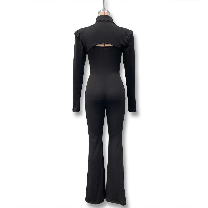 2025 Autumn European & American High-Neck Solid Color Slim-Fit Hollowed-Out Jumpsuit Set