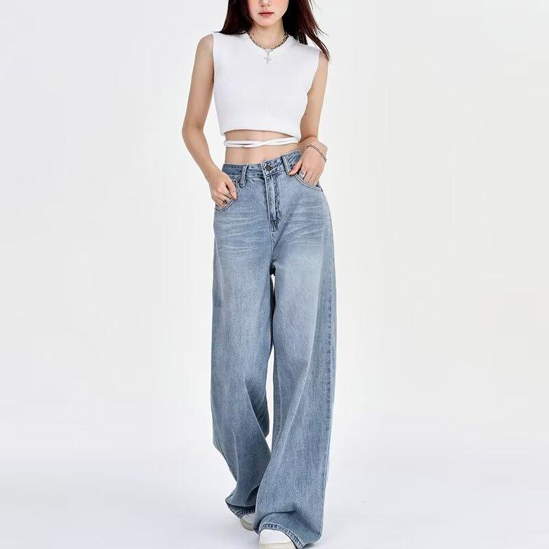 

Старые ретро прямые джинсы женские весенне-летние с чувством дизайна высокая талия, тонкие и драпирующиеся широкие брюки-швабры тренд 3XL recommends 160-87.5kg