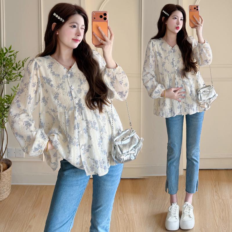 2026 Spring Embroidered Floral Maternity Top - Belly Covering Sweet Doll Shirt Extra Large