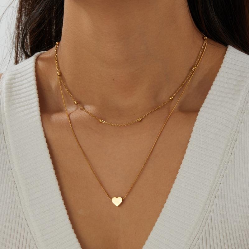 Gold Plated Layered Heart Pendant Beaded Chain Necklace