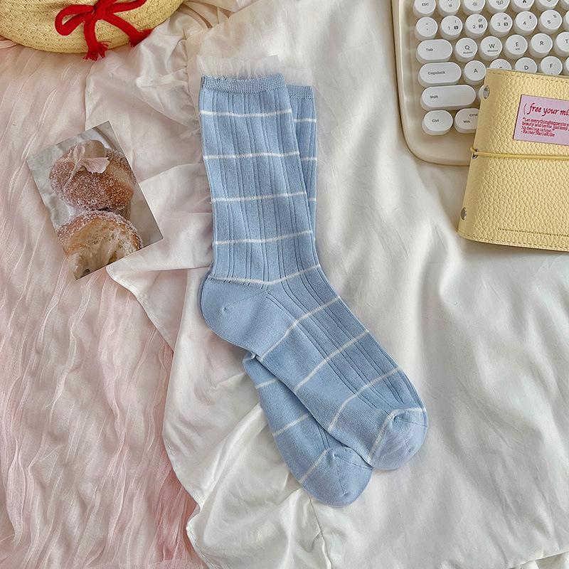 Damen Frühling Sommer Dünne Candy Stripe Spitze Preppy Stil Student Knochenlose Mittelwaden Stulpen Socken