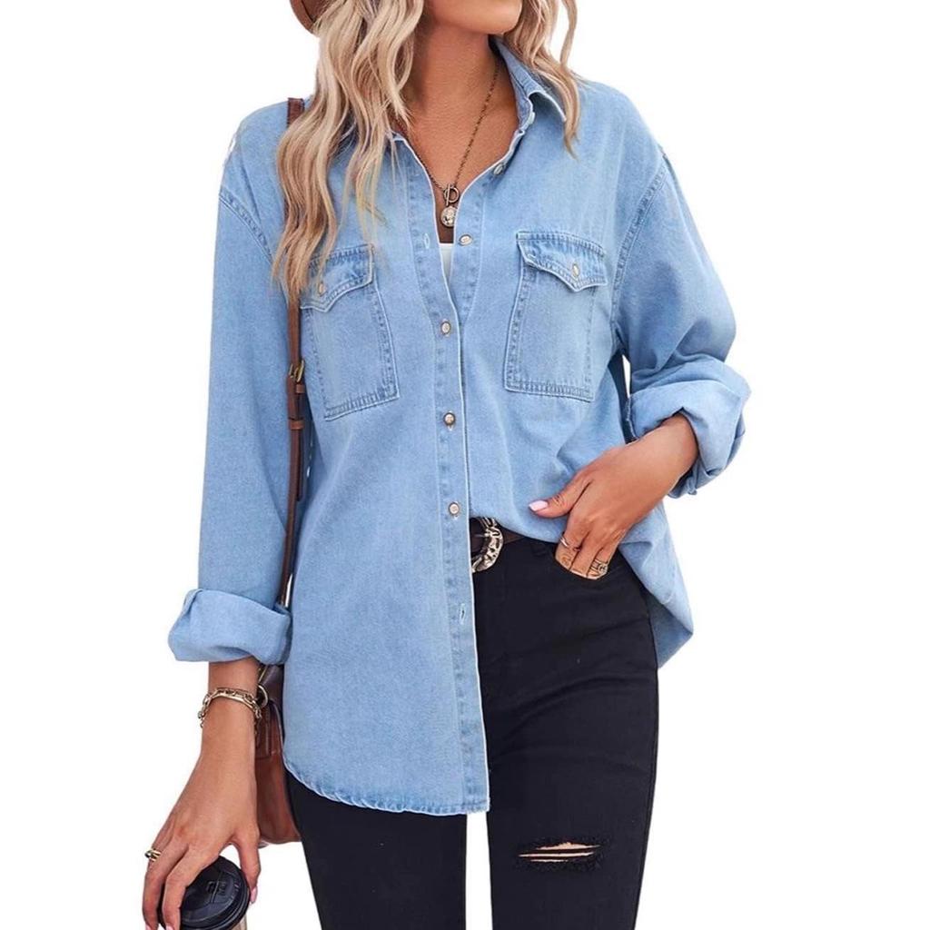 European Women's Long-Sleeved Denim Button-Up Shirt - Casual Spring Top