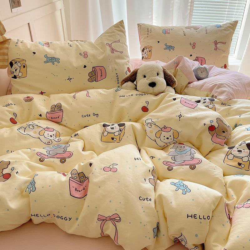 100% Pure Cotton Bed Four-piece Set Skin-friendly Water Wash Bed Sheet Quilt Cover Pillowcase Set