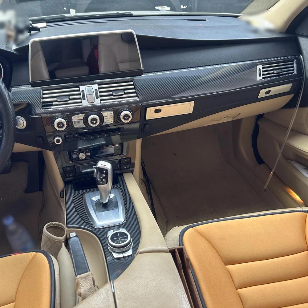 BMW 5 Serisi E60 E61 05-10 için Karbon Fiber Araç Filmi İç Sticker Orta Konsol Vites Paneli Gösterge Paneli Hava Kapı Kolu Kaldırma Paneli