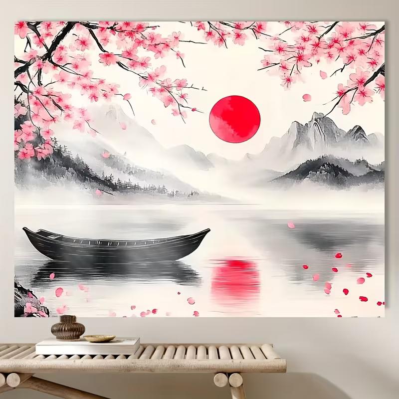 2D Artistic Cherry Blossom Lake Backdrop Traditional Japanese Style Banner