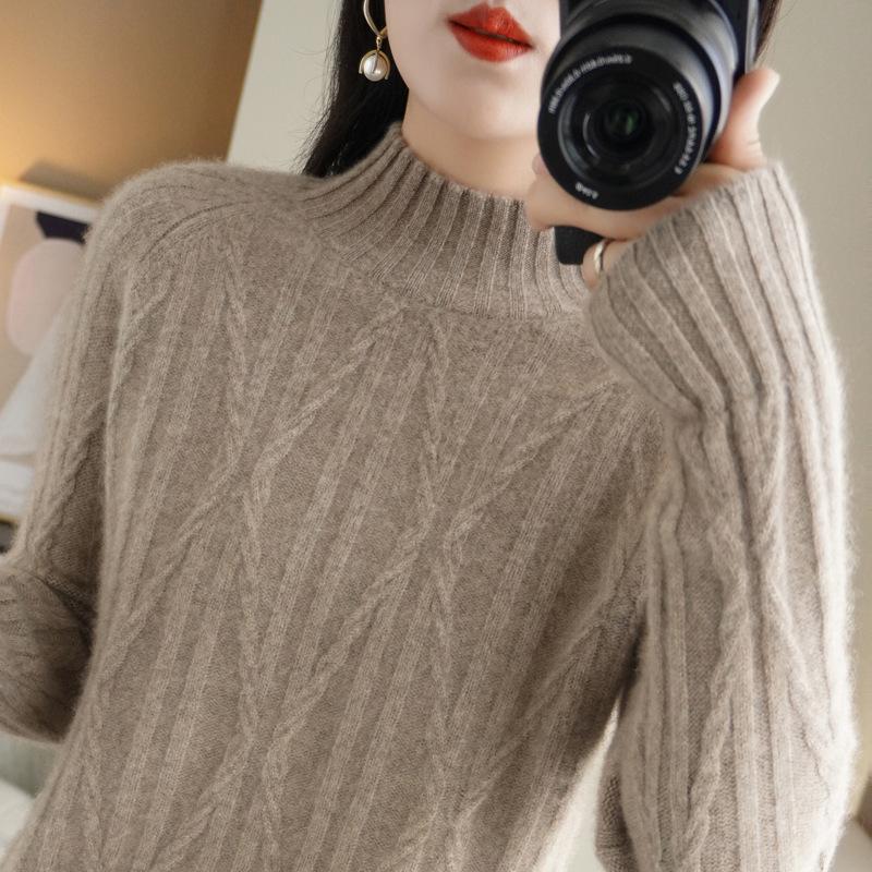 Women's Diamond Pattern Cashmere Cable Knit Wool Sweater, High Neck Pullover for Autumn and Winter