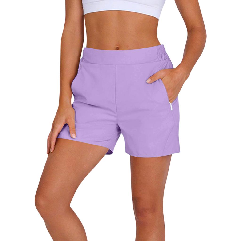 Women's Fashion Solid Color Athletic Casual Elastic Waistband Shorts with Zipper Pockets for Outdoor and Leisure Activities