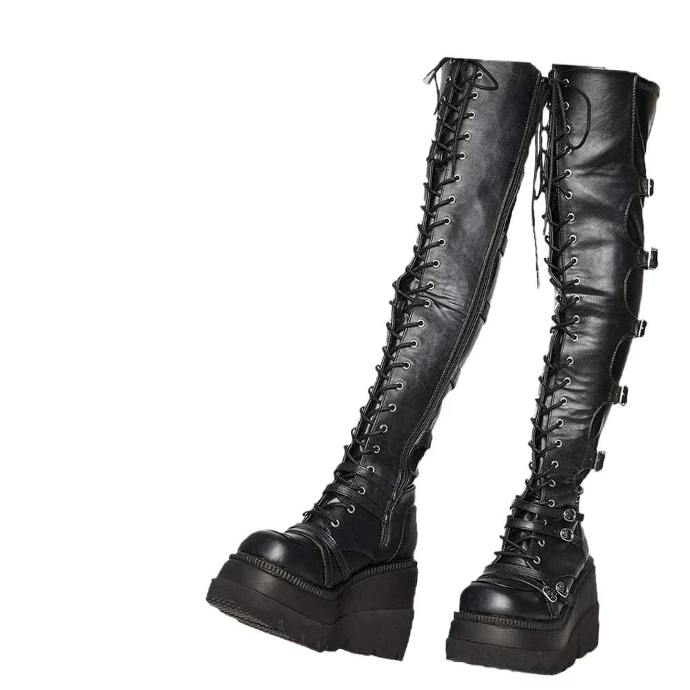 

Высокие сапоги на танкетке для женщин, осенне-зимние сапоги выше колена, женские ботинки на высокой платформе для косплея, новый высокий каблук, готические Botas Altas 35