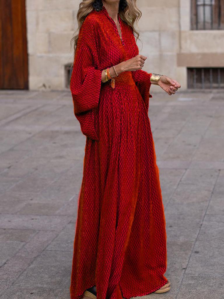 Autumn Style Long Sleeve Loose V-Neck Ruched Waist Maxi Dress for Women